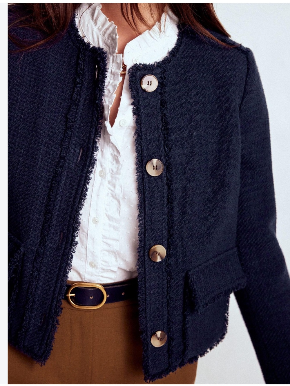 Boden Women's Blue Collarless Textured Jacket Navy Tweed Button-Front Blazer NWT